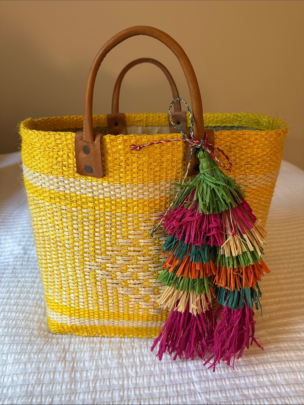 Mar Y Sol Raffia Tassel Leather Handle Basket Tote Bag